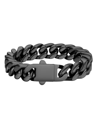 FaithHeart Cuban Link Bracelet for Men, Silver/Black/14K Gold Plated Stainless Steel Wrist Link Hip Hop Chain Bracelets, 5mm/7mm/9mm/12mm Width, 7.5"/8.3"/9" Length, with Gift Box - color: Black-09mm Width, size: Length 8.3 Inches