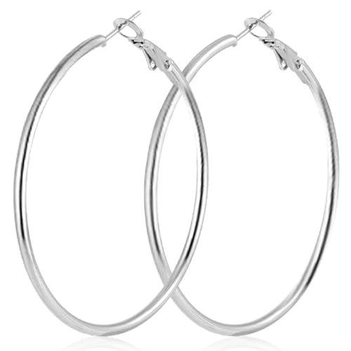 70mm Big Large Stainless Steel Gold Silver Hoop Earrings for Women | Hypoallergenic, Thin, 14K Gold Plated, Lightweight Dangle - color: 1 Pairs Silver-70mm