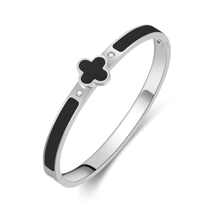 Clover Bracelets for Women Gold and Silver Chunky Oval Clover Bangle | 18k Gold Plated Stainless Steel,Precision Polished Non Tarnish,Black/White/Red/Pink/Orange Clover Bracelet Gifts for Women - color: Silver Black