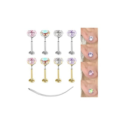 ZS 1 Pair G23 Titanium Internal Thread Big CZ Stud Earring for Tragus Helix Conch Cartilage, 16G/18G Medusa Labret Lip Monroe Piercing Jewelry Women Men - color: Gold, Pink CZ, size: 16g, L:6mm, CZ:6mm