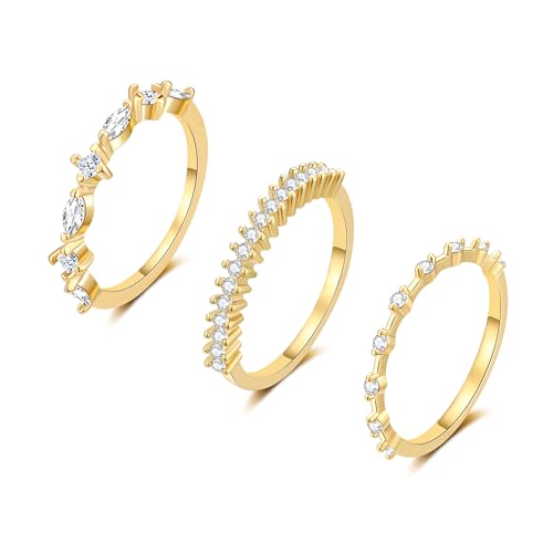 FUNEIA Stackable Silver Gold Rings for Women Non Tarnish 14K Gold Plated Thumb Cubic Zirconia Rings for Women Dainty Pinky Promise Wedding Ring Set Women's Engagement Eternity Band Rings Gold Jewelry - color: C-Gold Stackable Rings