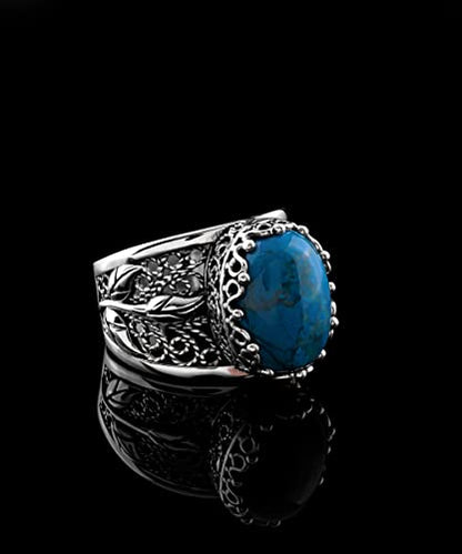 Filigranist 925 Sterling Silver Filigree Art Lace Embroidery Tulip Detailed Gemstone Women Cocktail Ring, Luxurious Gift Boxed - color: Turquoise