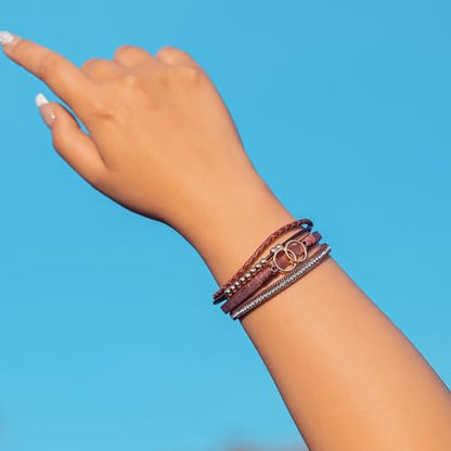 Chunky Boho Leather Wrap Bracelets Cowgirl Beaded Circle Western Jewelry | Stackable Infinity Layered Bohemian Magnetic Clasp Cuff Statement Fashion Colorful Country Hippie Outfits for Women Trendy - color: Burgundy