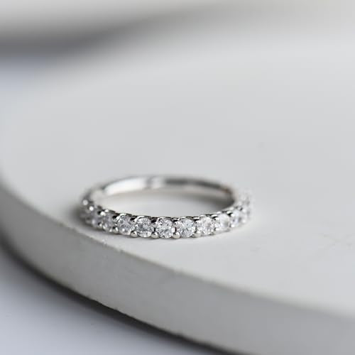 espere Womens Bezel Set Wedding Band | 14K Gold Plated Round Cut CZ Half Eternity Wedding Ring - color: Silver; Full Eternity Paved