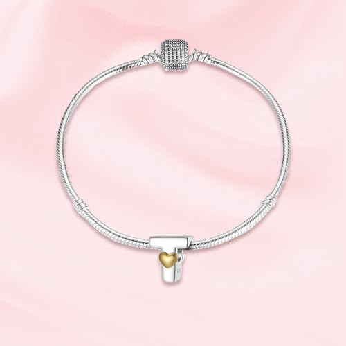 A~Z Alphabet Charm Letter Beads 925 Sterling Silver with Heart-shaped 5A Cubic Zircon Stones fits Pandora European Bracelets Necklace Jewelry Gift for Women - style: T Letter Charms