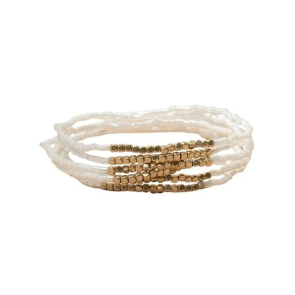Boho Stackable Seed Beaded Bracelet Set for Women Colorful Multilayered Gold Beads Stretch Bracelets Summer Beach Bohemian Jewelry Gift - color: White