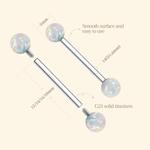 AROWRO Nipple Piercing Jewelry G23 Titanium Nipple Rings Tongue Rings Nipple Bar 14G Internally Threaded Straight Barbells Bridge Piercing Jewelry 12mm-20mm - color: Silver+White Opal