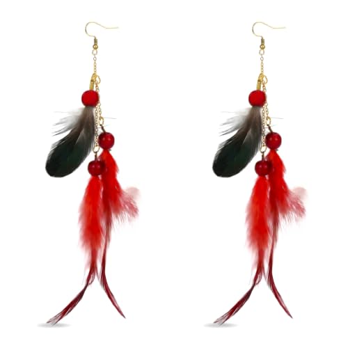 Boho Long Feather Earrings for Women,Lightweight Long Tassel Feather Drop Earrings with Beads, Boho Ethnic Tribal Earrings in Black Turquoise Red, Vintage Jewelry for Party Prom Festival - color: red