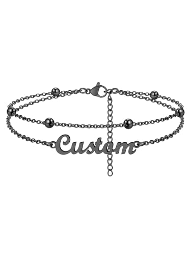 Custom4U Custom Name Anklet Bracelets for Women Waterproof Beaded/Figaro/Cuban/Rope/Wheat Chain Anklet Stackable Gold Plated Non Tarnish Custom Beach Gift Barefoot Summer Jewelry for Her - color: A03-Black Beaded Chain