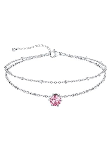 U7 Silver Ankle Bracelet for Women, Waterproof Layered Ankle Round Gem Birthstone Anklets, Summer Beach Foot Jewelry, Adjustable 8.5"-10.5" - color: 10.October-Pink Tourmaline