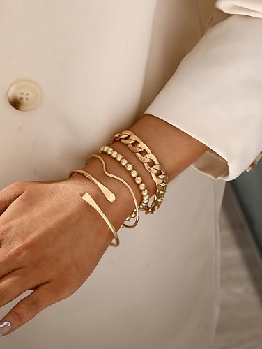 ÌF ME Gold Bangle Bracelets for Women, Indian Bangles Stackable Set, Multi Layer Textured 18K Gold Plated Chunky Bracelets Boho Jewelrys Set - style: beaded & Cuban