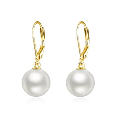 925 Sterling Silver Pearl Leverback Earrings Dangle Drop Jewelry Gifts for Women - style: Pearl-Gold