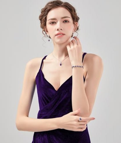 LMXXVJ Jewelry Set for Women,Teardrop Cubic Zirconia Necklace Earrings Adjustable Ring Bracelet Jewelry Set Formal Jewelry Gift - color: MHSD-White Gold-Purple