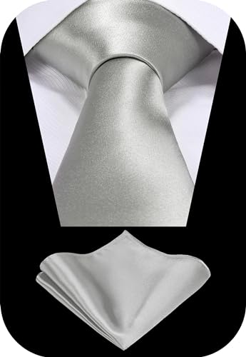 TIE G Solid Satin Woven dyed Color Formal Black Necktie and Pocket Square Sets in Gift Box - color: Heather Grey