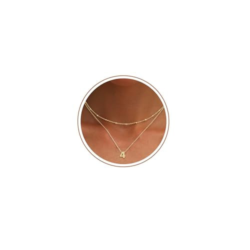 Number Necklace for Women, 14K Gold Plated Layered Chain Number Pendant Jewelry Gifts for Sister Mom Girlfriend Daughter - style: Number-4
