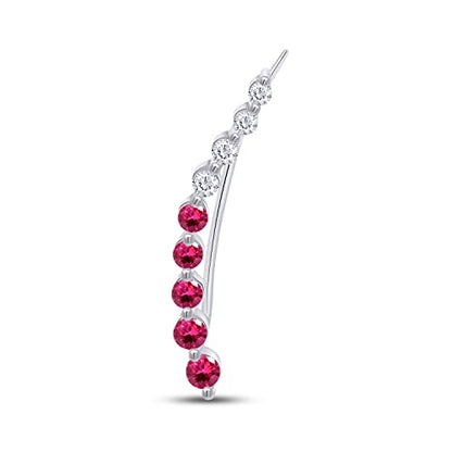 One Piece Right Ear Climber Earring for Women With Birthstone And White CZ | Floating Curved Bar Ear Crawler In 14K Gold Over Sterling Silver Jewelry for Her - color: Simulated Ruby