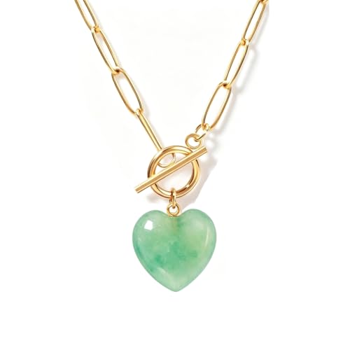 Teardrop CZ Pendant Paperclip Chain Necklace 18K Plated Paperclip Toggle Necklace Jewelry Birthstone Gift for Women - color: Heart Green Aventurine
