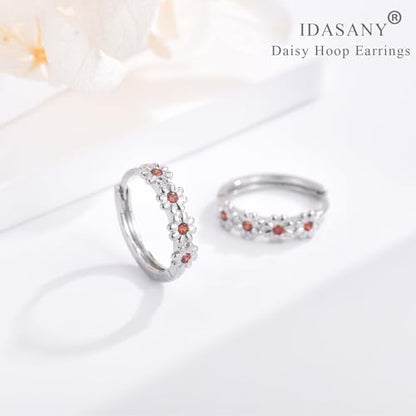Sterling Silver Hoop Earrings for Women, Dainty Small Huggie Hoop Earrings | Hypoallergenic Daisy Color Cubic Zirconia Flower Hoops Earring Jewellery Gifts for Ladies Birthday Wedding, 12mm Hoop - color: Red