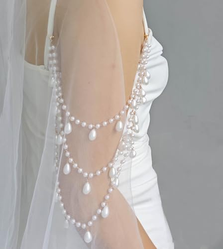 2 Pcs Pearl Shoulder Chain Detachable Bridal Arm Jewelry Layered Beaded Tassel Epaulettes for Wedding Prom Dress Sleeves Pearl Straps Accessory