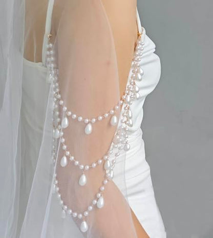 2 Pcs Pearl Shoulder Chain Detachable Bridal Arm Jewelry Layered Beaded Tassel Epaulettes for Wedding Prom Dress Sleeves Pearl Straps Accessory