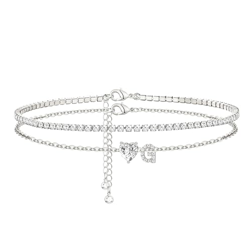 Heart Initial Silver Anklets for Women Waterproof Dainty Silver Plated ankle bracelets for women Large Ankle Women's Anklets Tennis ankle bracelets Non Tarnish Summer Beach Foot Jewelry - style: Silver-G