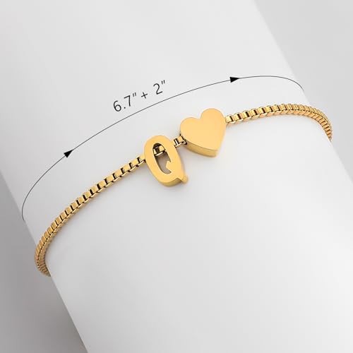 Gold Initial Bracelet for Women Dainty Personalized Name Bracelet | 14K Gold Plated, Letter A-Z Bracelet, Tiny Gold Initial Cute Heart Bracelet Jewelry Gift - color: Q