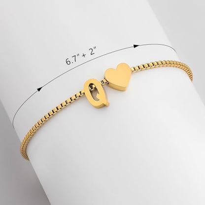 Gold Initial Bracelet for Women Dainty Personalized Name Bracelet | 14K Gold Plated, Letter A-Z Bracelet, Tiny Gold Initial Cute Heart Bracelet Jewelry Gift - color: Q
