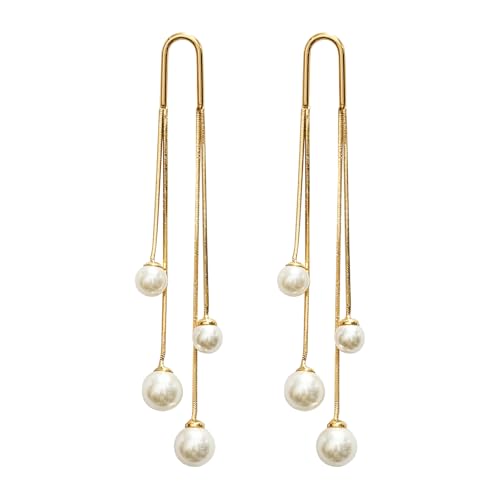 Pearl Dangle Earrings for Women, 14K Gold Plated, Long Tassel Drop Style, Trendy Fashion Jewelry - color: Gold
