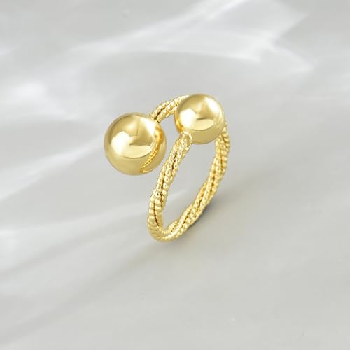 Adjustable Rings for Women 18K Gold Plated daisy Flower Butterfly Ball Cubic Zirconia Rings Dainty Open Stacking Ring - color: Double Ball-Gold