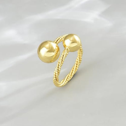 Adjustable Rings for Women 18K Gold Plated daisy Flower Butterfly Ball Cubic Zirconia Rings Dainty Open Stacking Ring - color: Double Ball-Gold