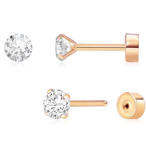 Threadless Flat Back Earrings, Hypoallergenic 14K Real Gold Plated CZ Stud Earrings | Cartilage Earring | Tragus Helix Piercing Jewelry | Push in Flatback Earrings for Women Men - color: Rose Gold, size: 3 Millimeters