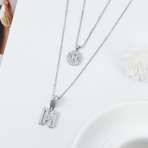 14K Gold Plated Alphabet Necklace Cubic Zirconia Letter Pendant, Personalized Name Jewelry Gift for Women, Customizable A-Z, Birthday/Mothers Day Gifts for Womens - color: White Gold, style: Style-H