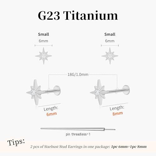 Flat Back Stud Cartilage Earrings Tragus Helix Piercing Jewelry Titanium | Conch Nose Piercing,Small Tiny Studs for Women,Threadless/Internally Threaded,Surgical Steel,Hypoallergenic,16G/18G/20G - color: Silver02-Starburst (6mm*1+8mm*1), size: Threadless-