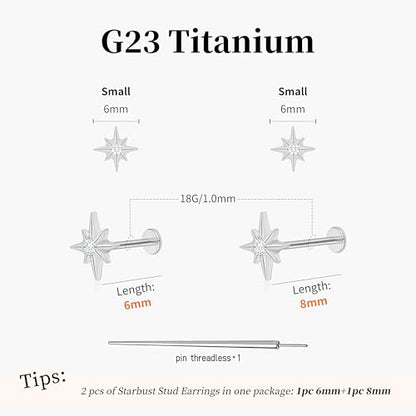 Flat Back Stud Cartilage Earrings Tragus Helix Piercing Jewelry Titanium | Conch Nose Piercing,Small Tiny Studs for Women,Threadless/Internally Threaded,Surgical Steel,Hypoallergenic,16G/18G/20G - color: Silver02-Starburst (6mm*1+8mm*1), size: Threadless-
