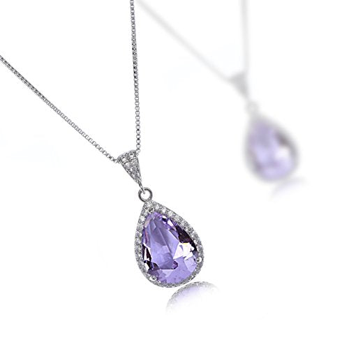 Elegant Jewelry Set for Women Silver Teardrop CZ Drop Earrings and Necklace | Square Teardrop Cubic Zirconia Rhinestone Jewelry Sets Bridal Jewelry Sets for Wedding Bride Bridesmaids Mother of Bride - style: Guardian Angel (Amethyst)