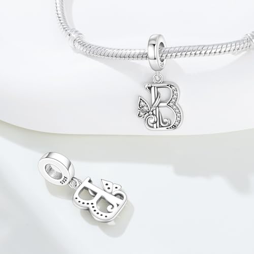 2 Pack 925 Sterling Silver Butterfly Letter Charms for Bracelets and Necklace Alphabet Initial Dangle Pendants Round Spacer Beads Pave Cubic Zirconia Jewelry Gift for Women - color: B Set