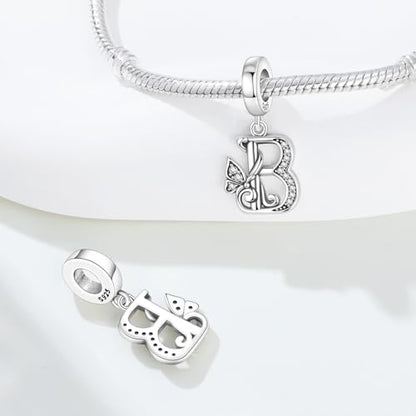 2 Pack 925 Sterling Silver Butterfly Letter Charms for Bracelets and Necklace Alphabet Initial Dangle Pendants Round Spacer Beads Pave Cubic Zirconia Jewelry Gift for Women - color: B Set