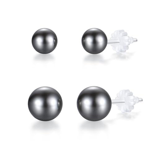 6mm & 8mm Faux Pearl Stud Earrings for Women Sensitive Ears – Hypoallergenic Plastic Earrings for Surgery, Lightweight Metal-Free Resin Earrings, Comfort Daily Wedding Birthday Gift - color: Sophisticated Grey
