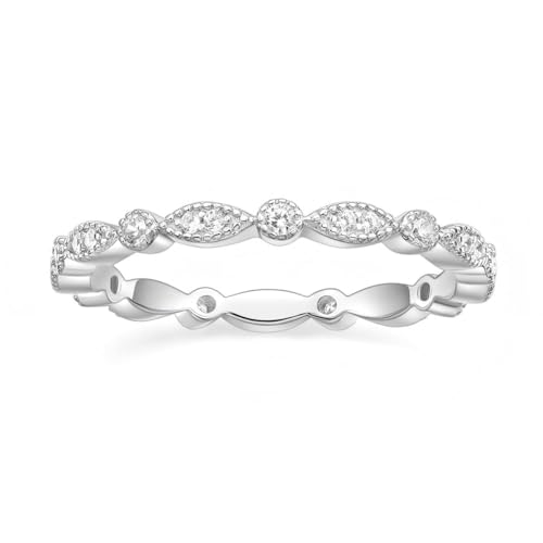 EAMTI 925 Sterling Silver Wedding Band for Women Cubic Zirconia Marquise & Round Milgrain Full Eternity Stackable Ring Size 3-13 - color: Brass-Silver