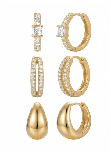 3 Pairs Small Hoop Earring Stacks, 14K Gold Plated Dangle Earrings for Multiple Piercing Cartilage, Dainty Gold Stud Hoop Gifts for Women Valentine's Christmas Holiday Daily Wear - color: Chunky