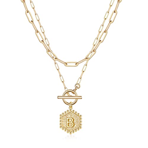 IEFWELL Layered Gold Necklaces for Women, Letter A-Z Initial Necklaces | Necklaces for Women Girls, 14K Gold Plated, Paperclip Chain Necklace, Toggle Clasp Layered Necklace, Jewelry Birthday Gift - size: 14"+2"/20", style: B