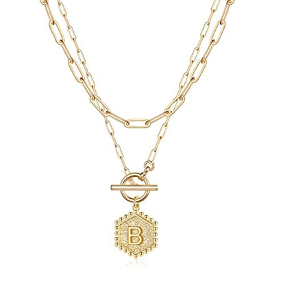 IEFWELL Layered Gold Necklaces for Women, Letter A-Z Initial Necklaces | Necklaces for Women Girls, 14K Gold Plated, Paperclip Chain Necklace, Toggle Clasp Layered Necklace, Jewelry Birthday Gift - size: 14"+2"/20", style: B