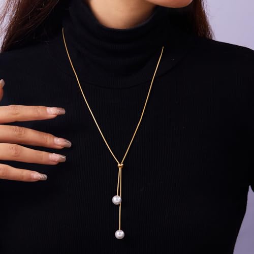 Pearl Necklace Set for Women Long Necklace Pearl Jewelry Beaded Design Drop Y Lariat Style Gift - color: Gold Y Pearl Necklace