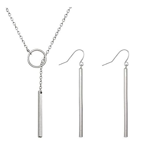 Dcfywl731 Minimal Dainty Gold Plated Dangle Earrings Layered Bar Pendant Neckalce Gold Long Y-Necklace Gold Earrings and Necklaces Set Delicate Lariat Chain Jewelry for Women - color: C3: sliver jewelry set