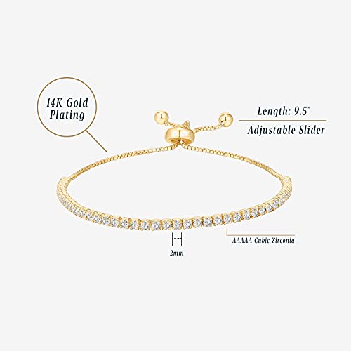 PAVOI 14K Gold Plated Cubic Zirconia Classic Tennis Bracelet for Women | Adjustable Slider - color: Yellow Gold