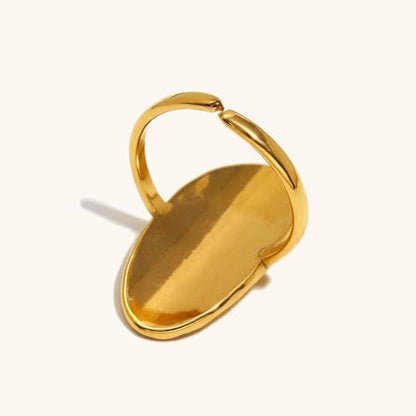 Adjustable Oval Hammered Statement Ring, 18K Gold Plated Stainless Steel Open Band, Textured Chunky Ring for Women, French Vintage Style