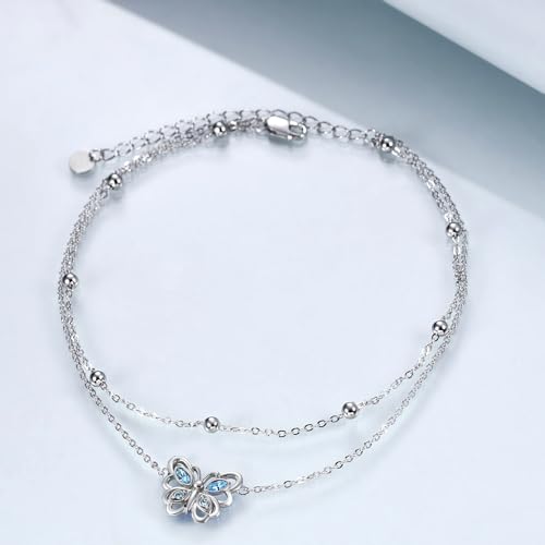 POPLYKE 925 Sterling Silver Double Layered Chain Evil Eye Daisy Sunflower Butterfly Anklets for Women Holiday Beach Crystal Ankle Bracelet Dainty Evil Eye Jewelry - style: Crystal Butterfly Anklet