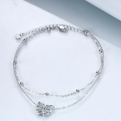 POPLYKE 925 Sterling Silver Double Layered Chain Evil Eye Daisy Sunflower Butterfly Anklets for Women Holiday Beach Crystal Ankle Bracelet Dainty Evil Eye Jewelry - style: Crystal Butterfly Anklet