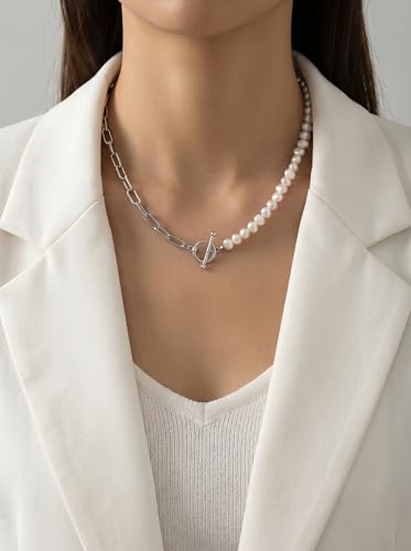 Pearl Necklace for Women Paperclip Chain Chunky Gold Necklace, Freshwater Cultured Pearls Trendy Link Chain 18K Gold Plated Dainty Pearl Choker - color: Silver pearl paperclip necklace