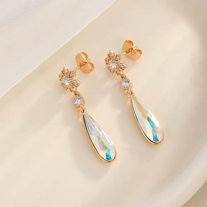 Austrian Crystal Teardrop Earrings Flower Dangle Earrings for Women 14K Gold Plated Drop Stud Earrings Hypoallergenic Jewelry - color: Aurora Borealis